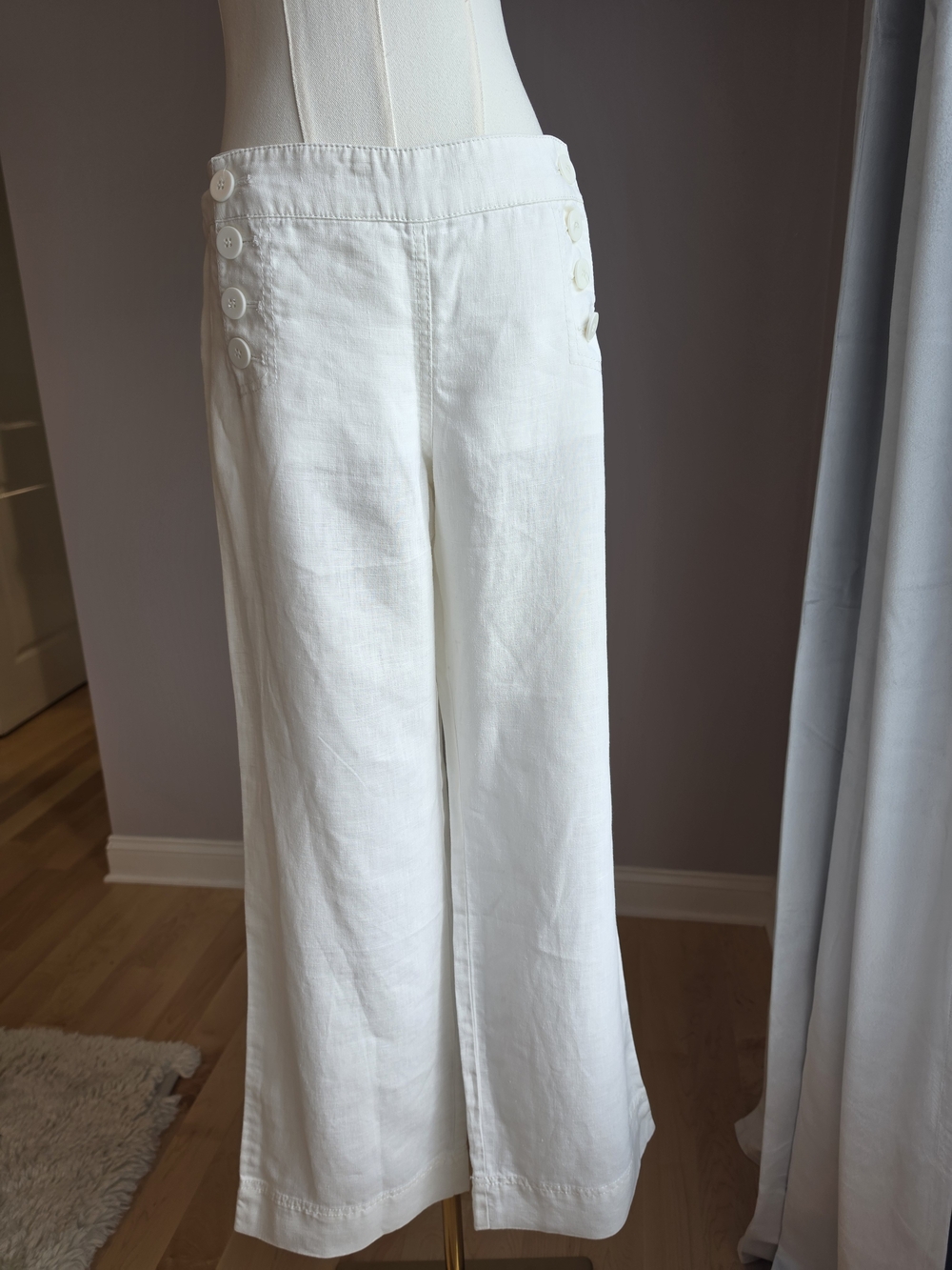 Max Studio White Wide-Leg Linen Sailor Pants with Button Detail